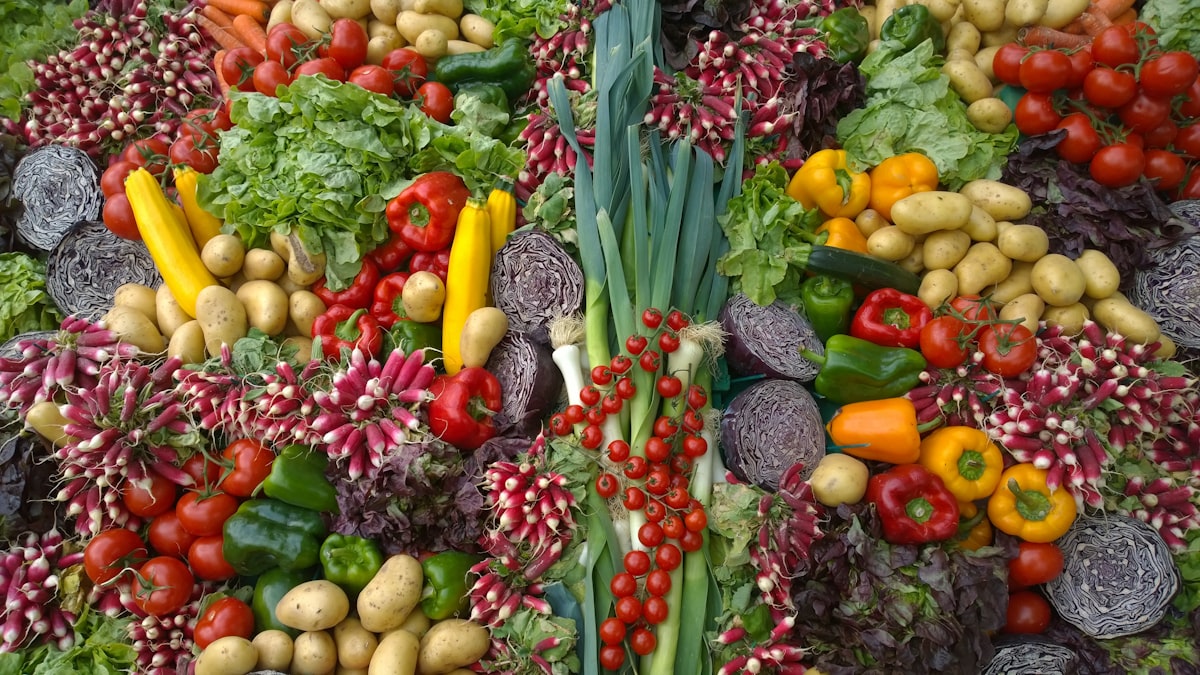 Plato balanceado con frutas, verduras, proteína y granos